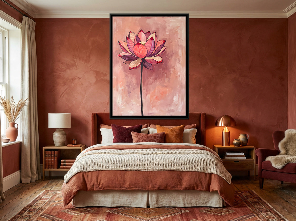 Pink Lotus on Blush Background - canvas art shown in a styled room