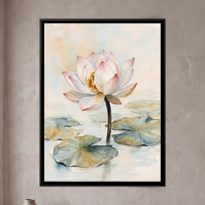White Lotus Among Lily Pads - framed canvas art hung on a wall