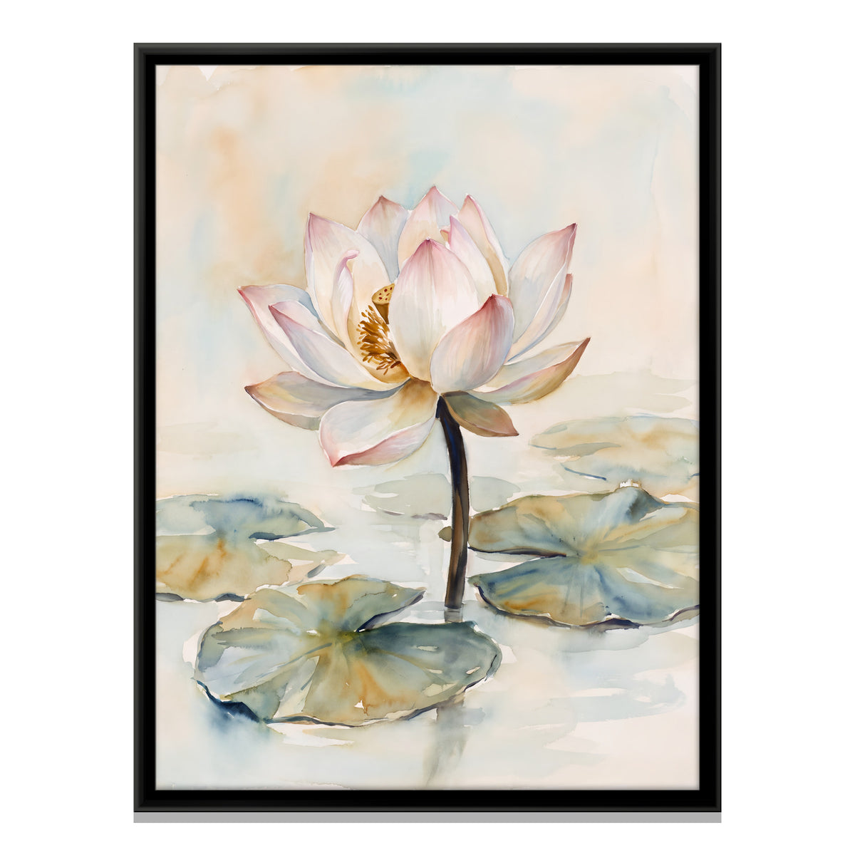 White Lotus Among Lily Pads - framed canvas print, front view