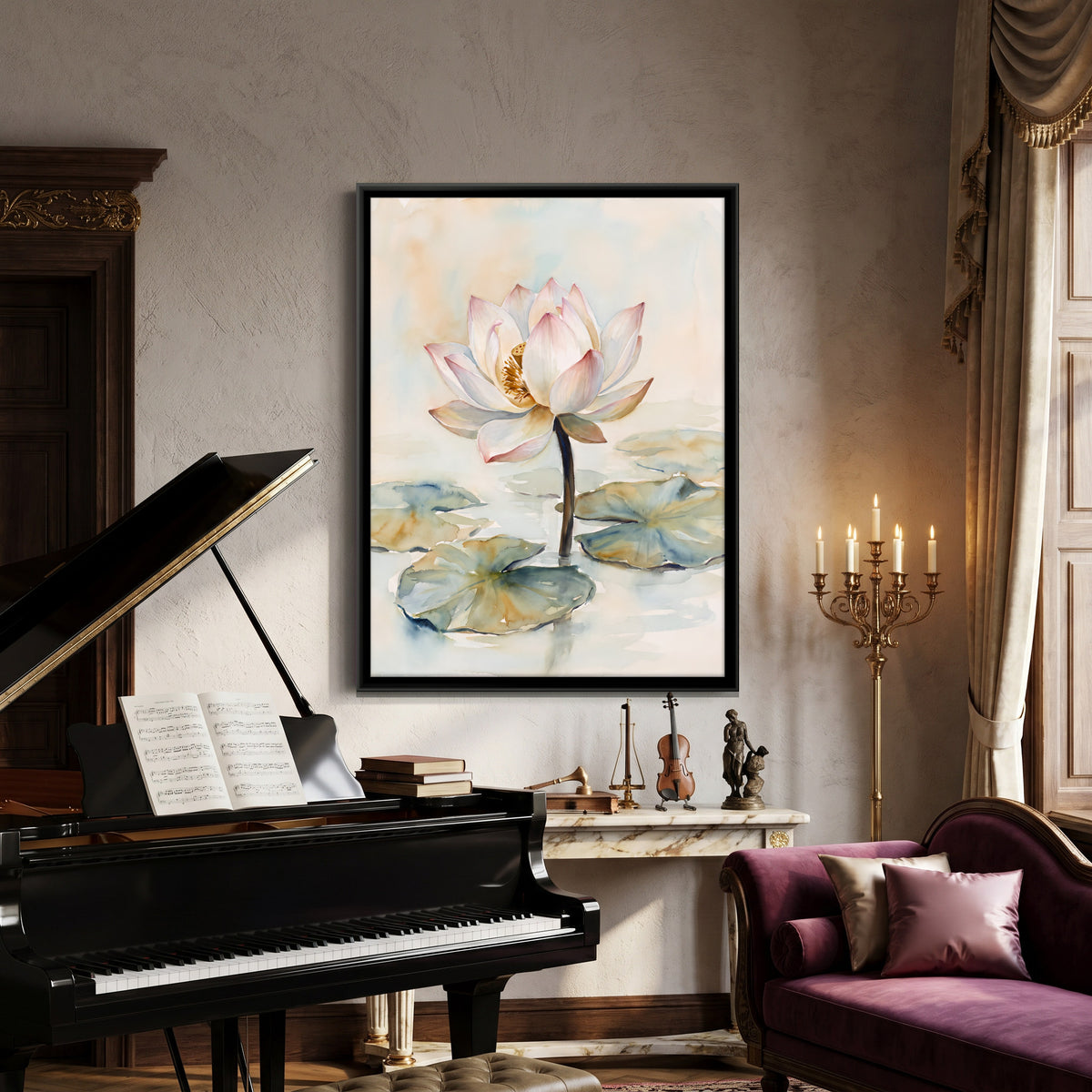 White Lotus Among Lily Pads - canvas art shown in a second room setting