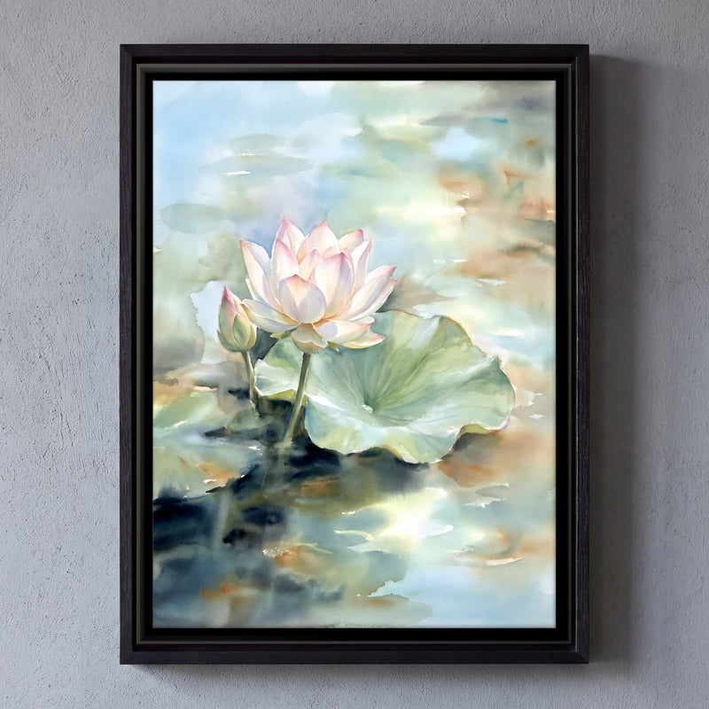 Lotus and Bud on a Pond - framed canvas art hung on a wall