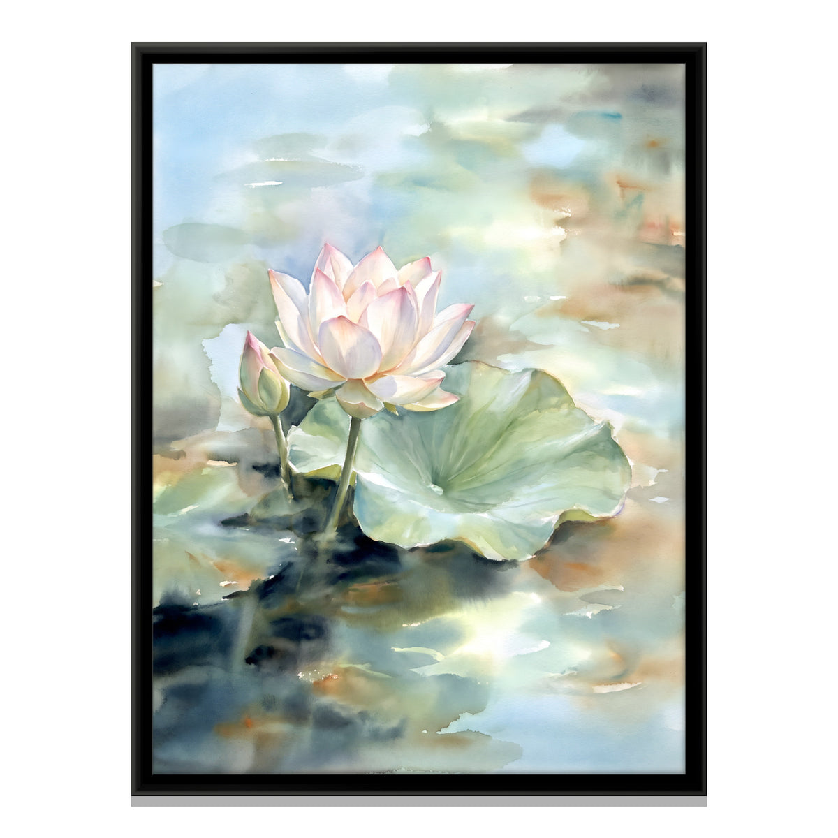 Lotus and Bud on a Pond - framed canvas print, front view