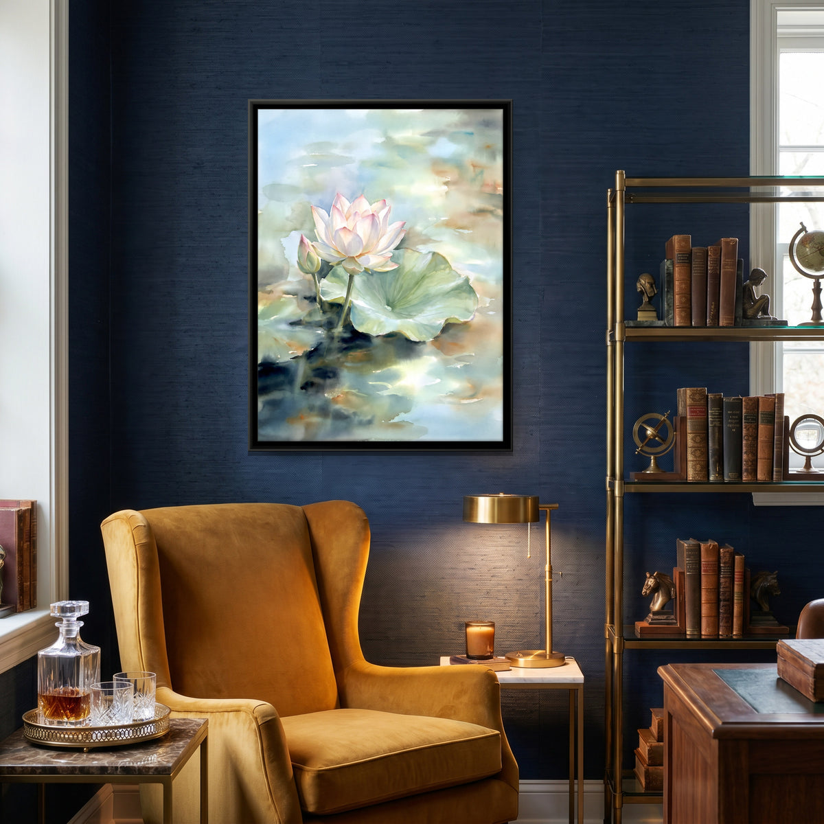 Lotus and Bud on a Pond - canvas art shown in a styled room