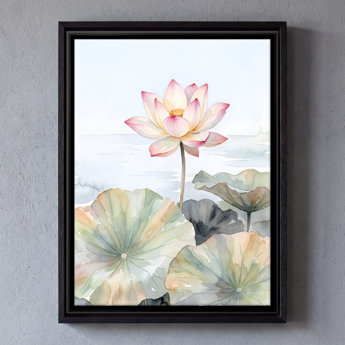 Lotus Above Lily Pads - framed canvas art hung on a wall