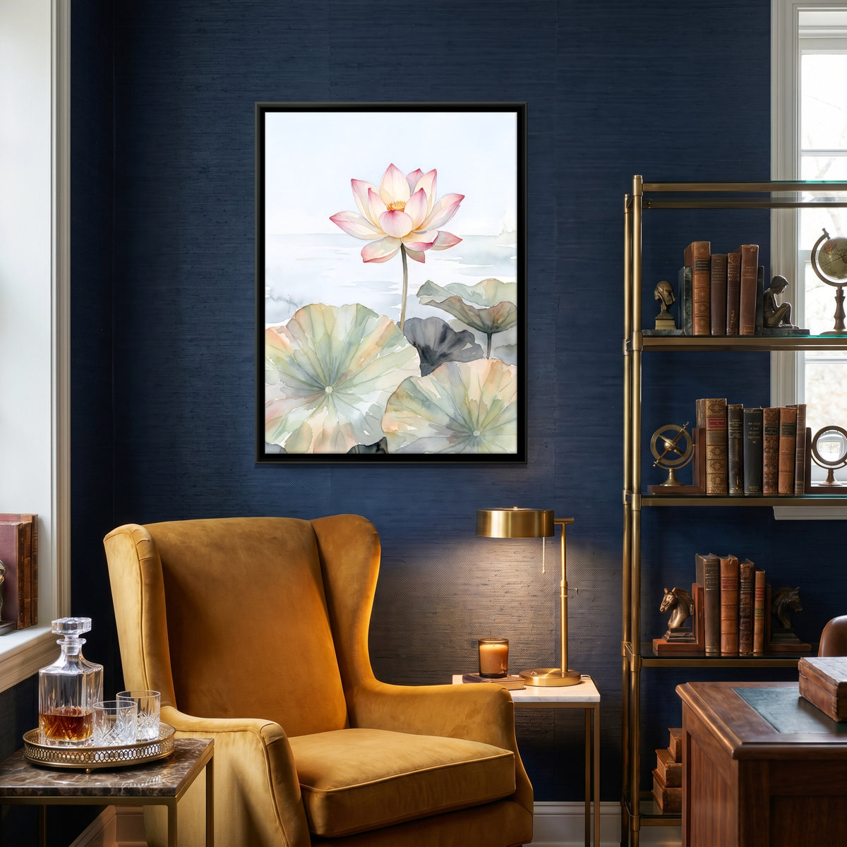 Lotus Above Lily Pads - canvas art shown in a styled room