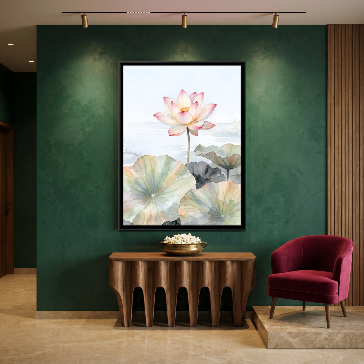 Lotus Above Lily Pads - canvas art shown in a second room setting
