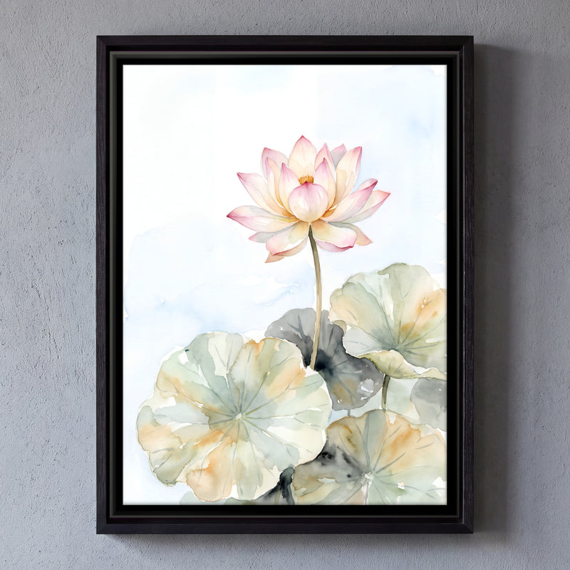 Lotus Above Lily Pads - framed canvas art hung on a wall