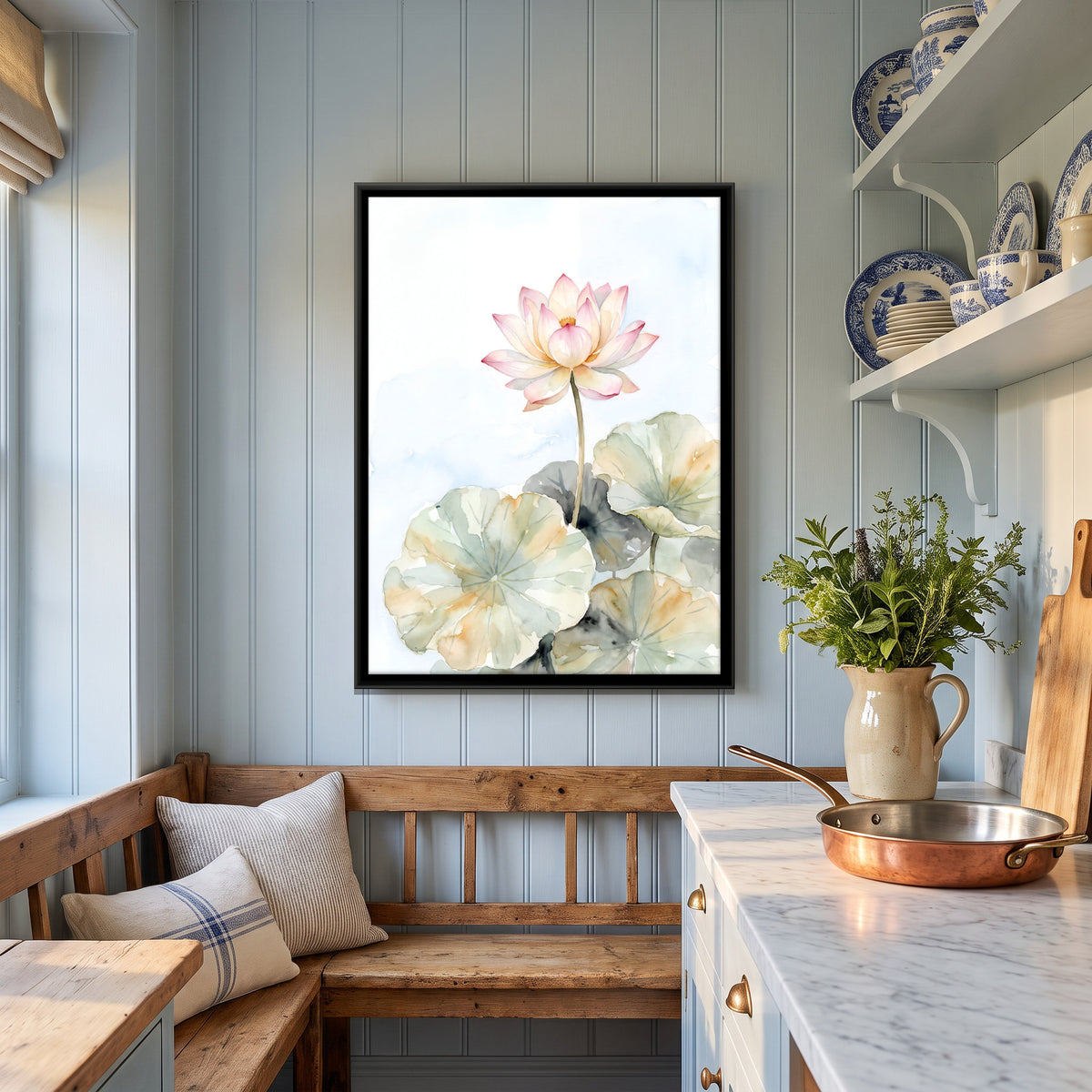 Lotus Above Lily Pads - canvas art shown in a second room setting