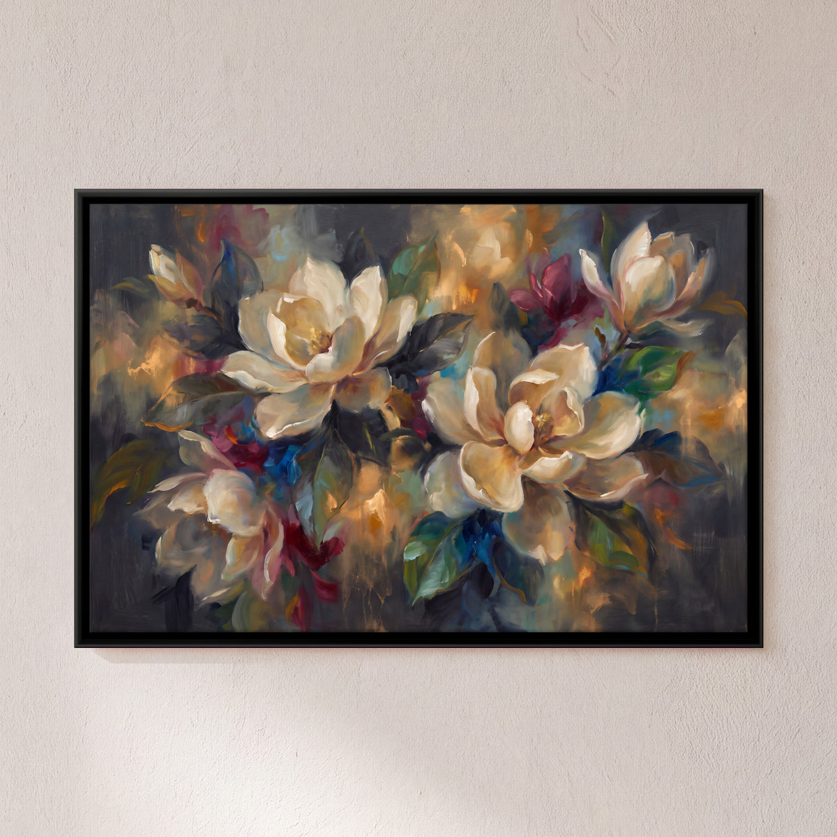 Cream Magnolia Bouquet - framed canvas art hung on a wall