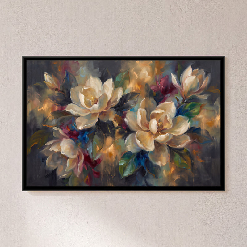Cream Magnolia Bouquet - framed canvas art hung on a wall