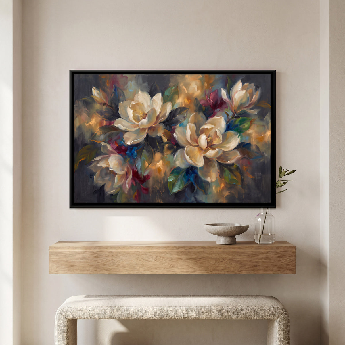 Cream Magnolia Bouquet - canvas art shown in a styled room