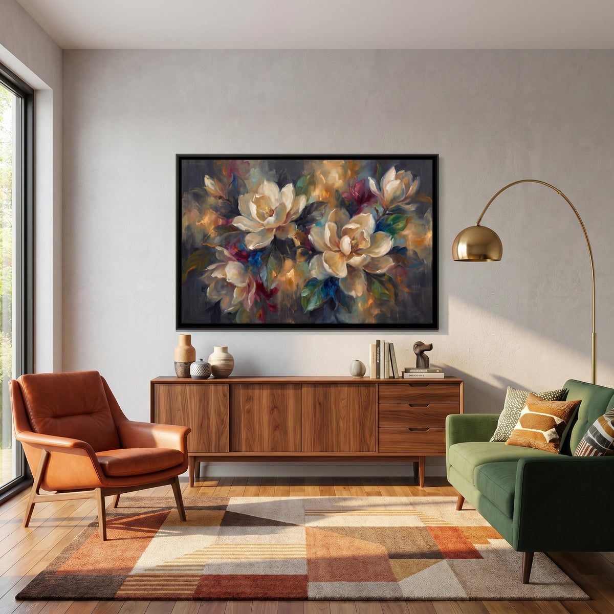 Cream Magnolia Bouquet - canvas art shown in a second room setting