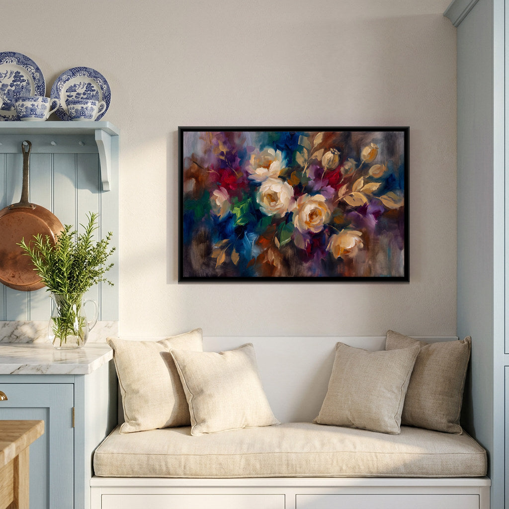 Cream Roses - canvas art shown in a styled room