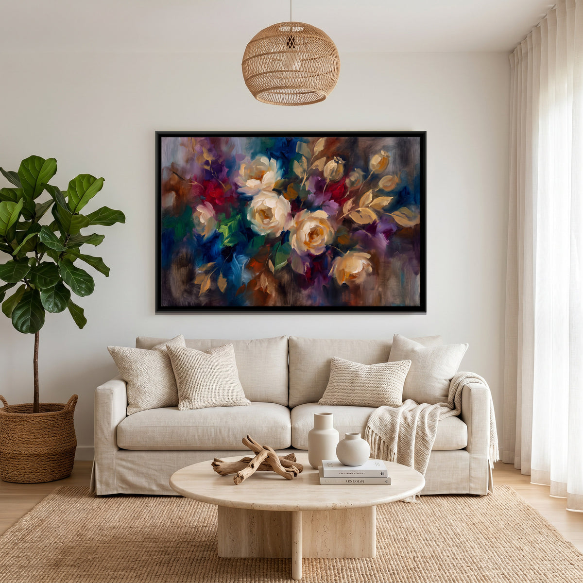 Cream Roses - canvas art shown in a second room setting