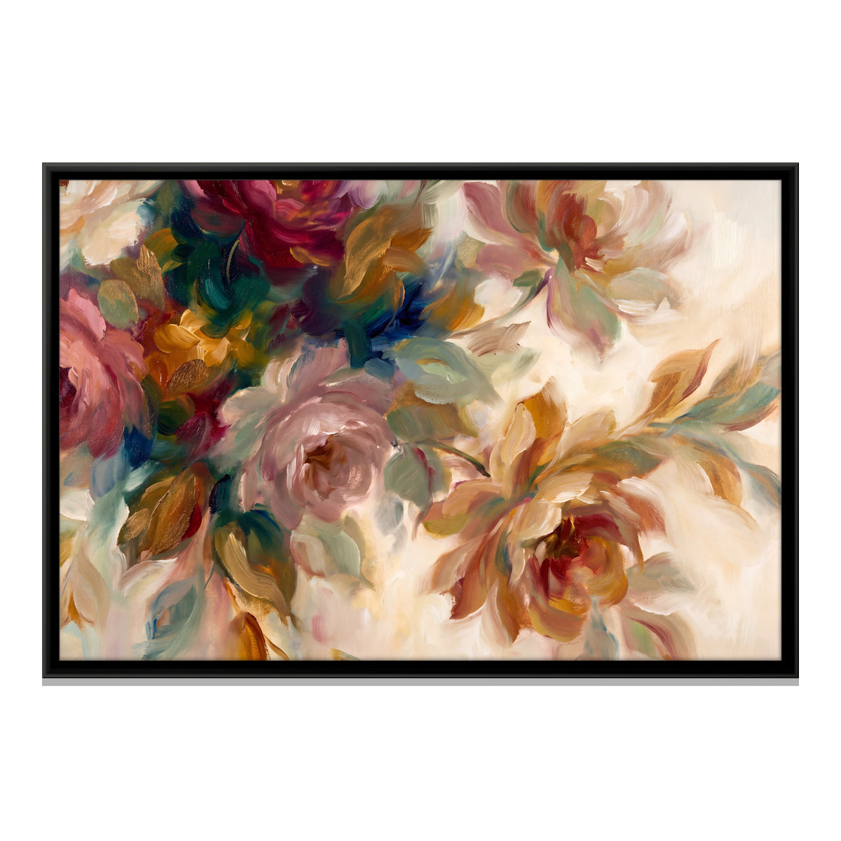 Blush and Crimson Roses - framed canvas print, front view