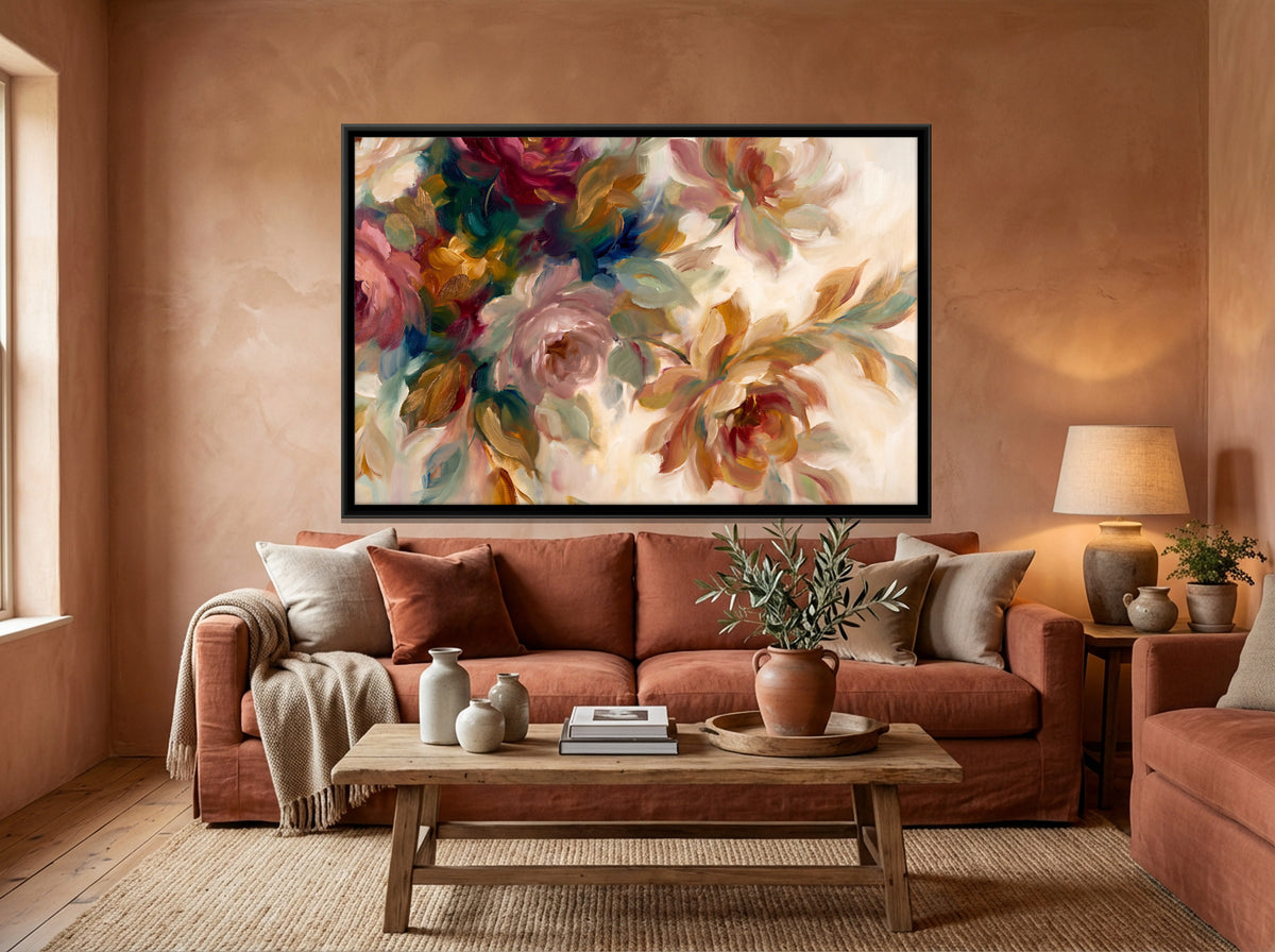 Blush and Crimson Roses - canvas art shown in a second room setting