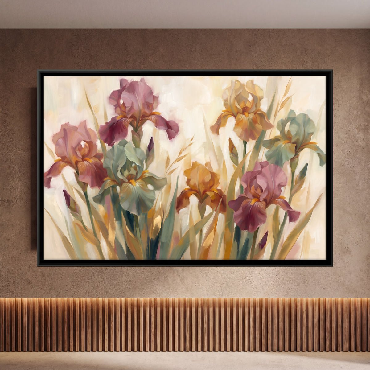 Plum and Sage Irises - framed canvas art hung on a wall