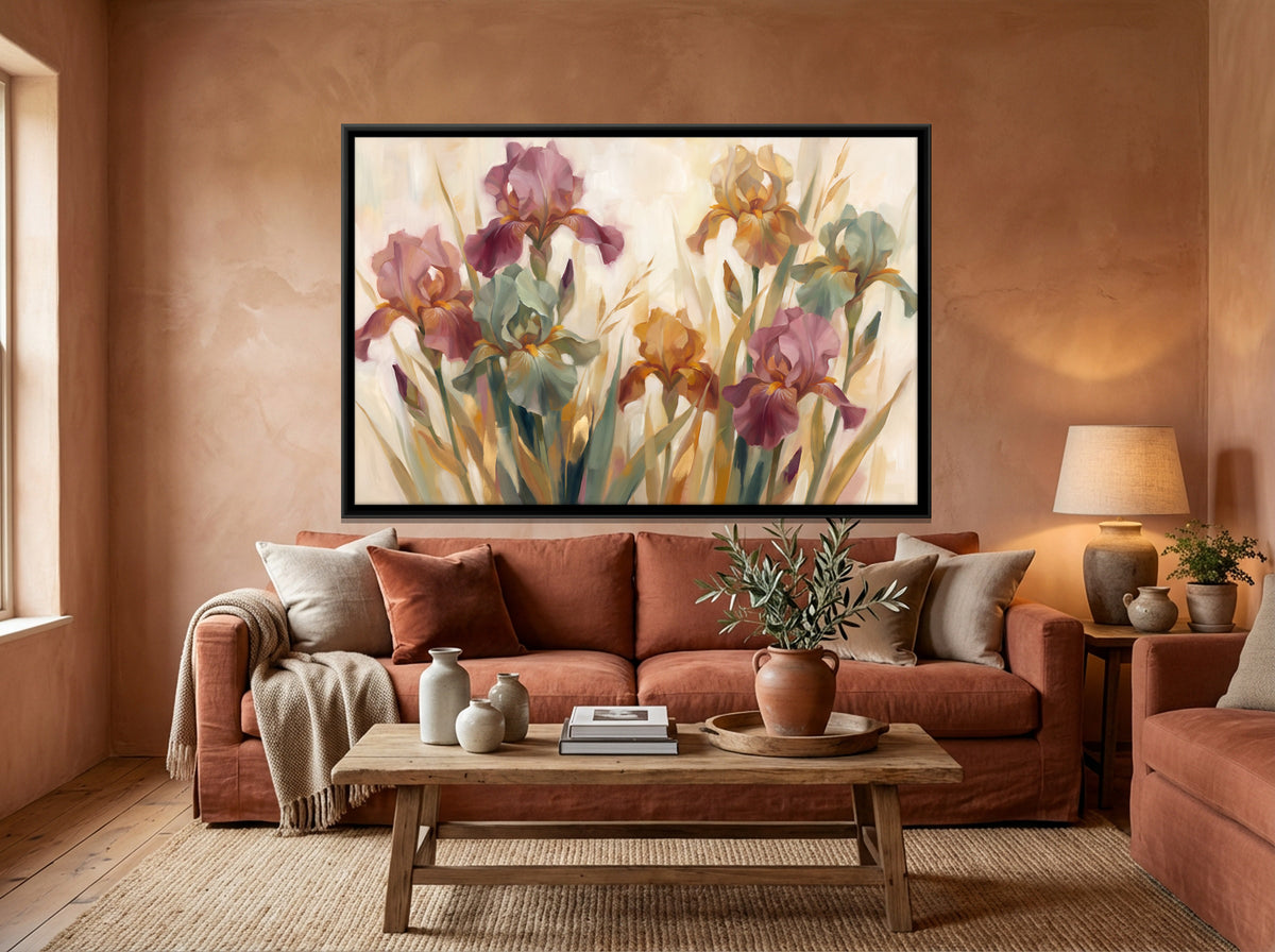 Plum and Sage Irises - canvas art shown in a second room setting