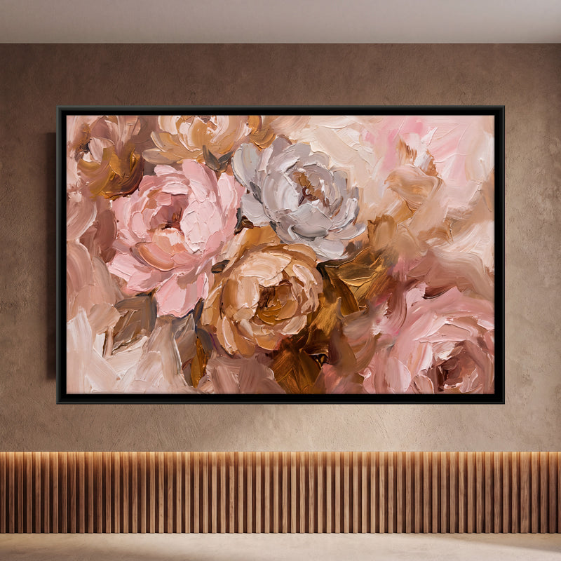 Blush and Gold Roses - framed canvas art hung on a wall