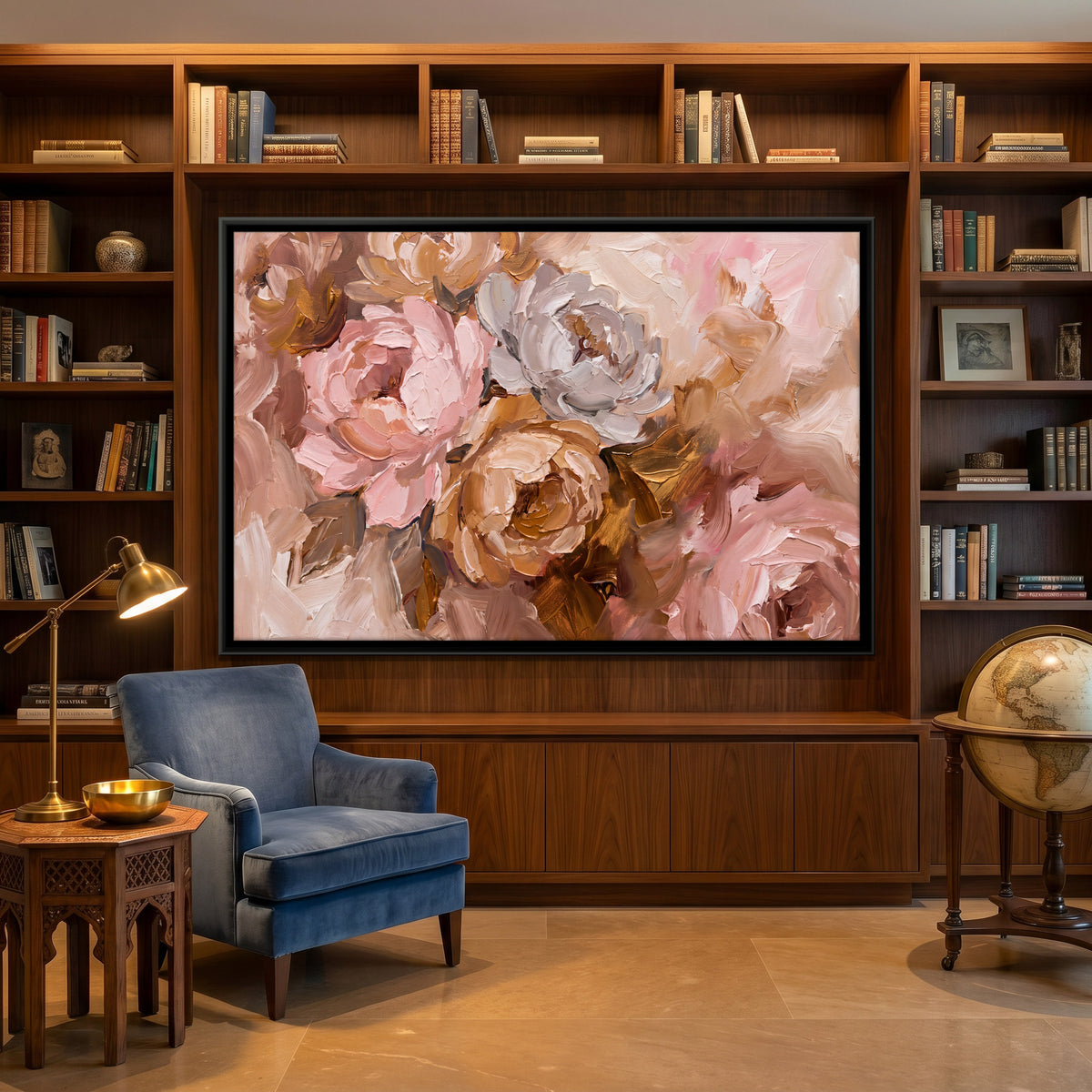 Blush and Gold Roses - canvas art shown in a second room setting