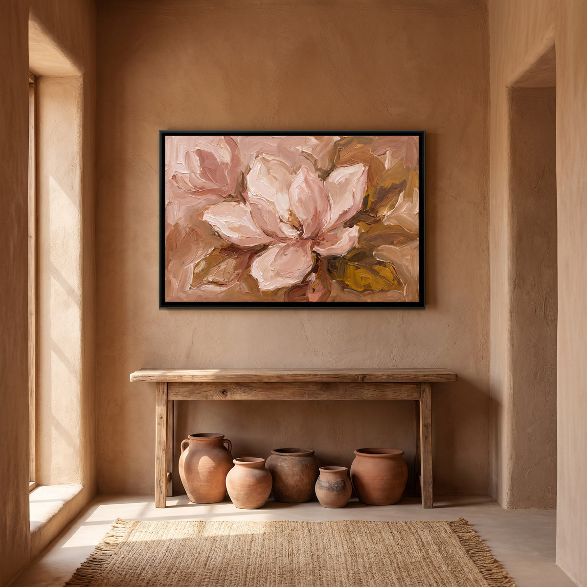 Single Magnolia Bloom - canvas art shown in a second room setting