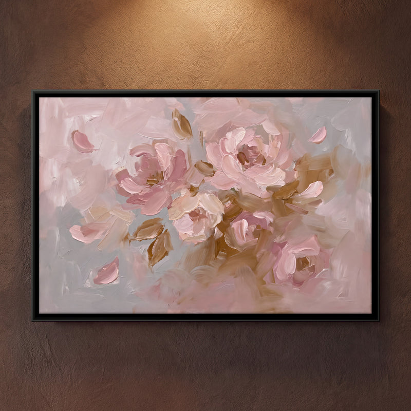 Blush Blossoms and Falling Petals - framed canvas art hung on a wall