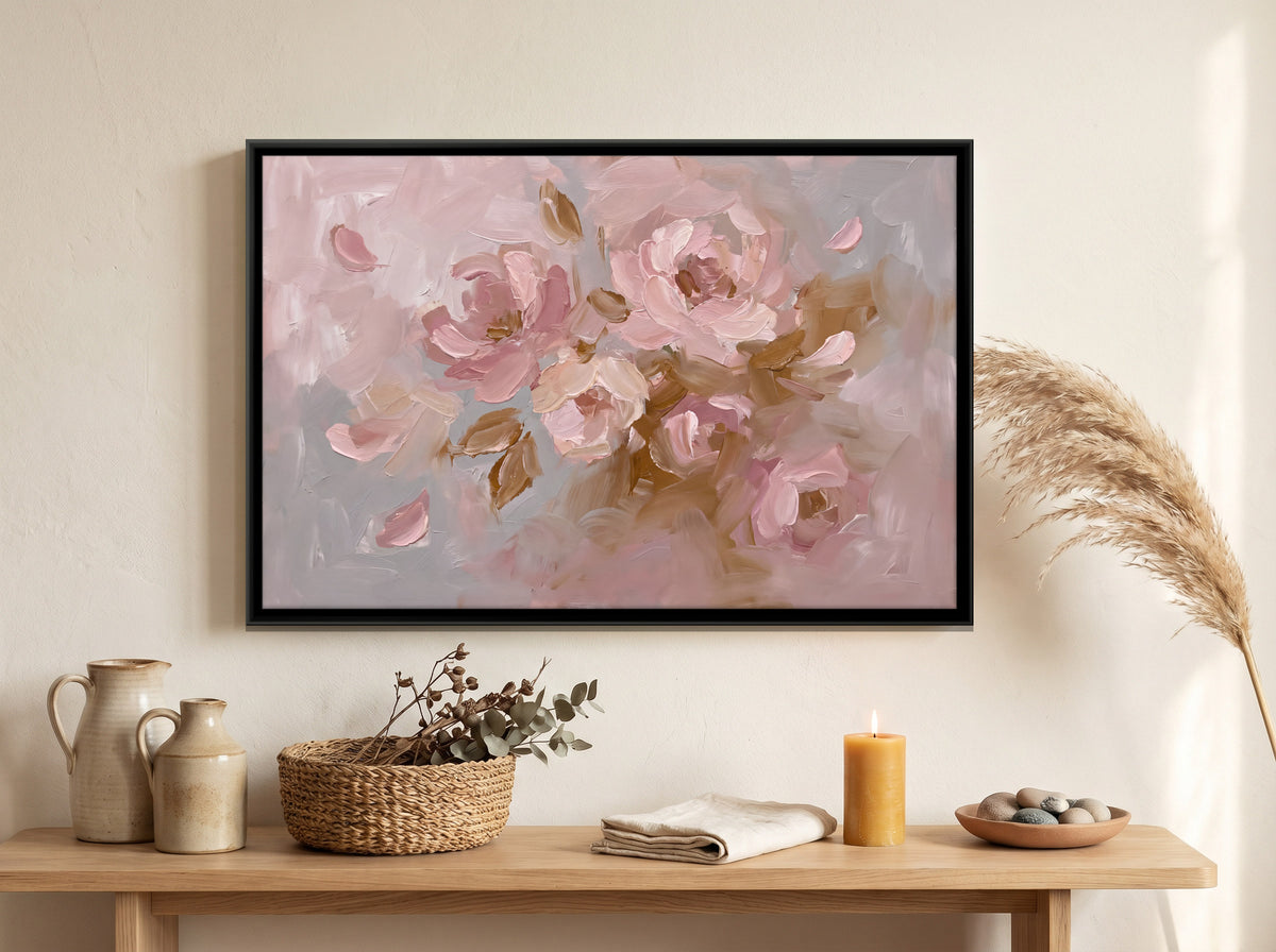 Blush Blossoms and Falling Petals - canvas art shown in a styled room
