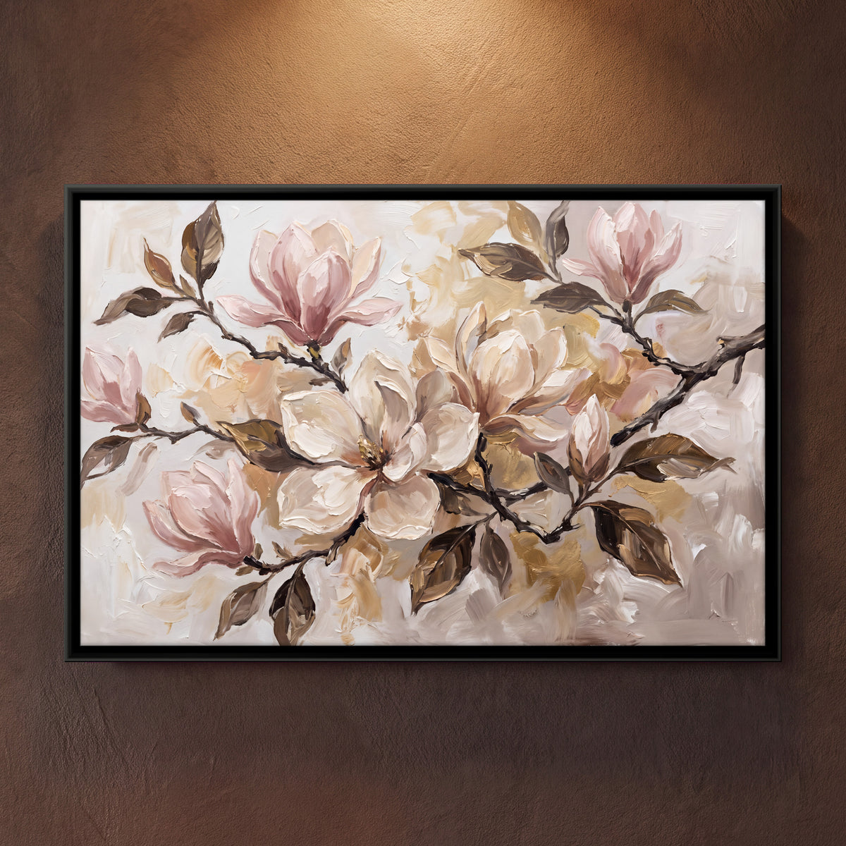 Magnolia Branch in Blossom - framed canvas art hung on a wall