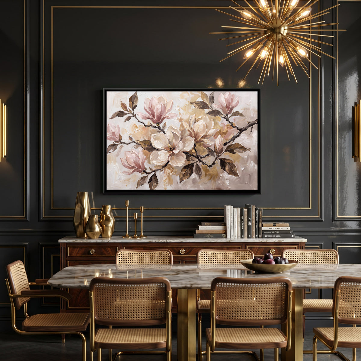 Magnolia Branch in Blossom - canvas art shown in a second room setting