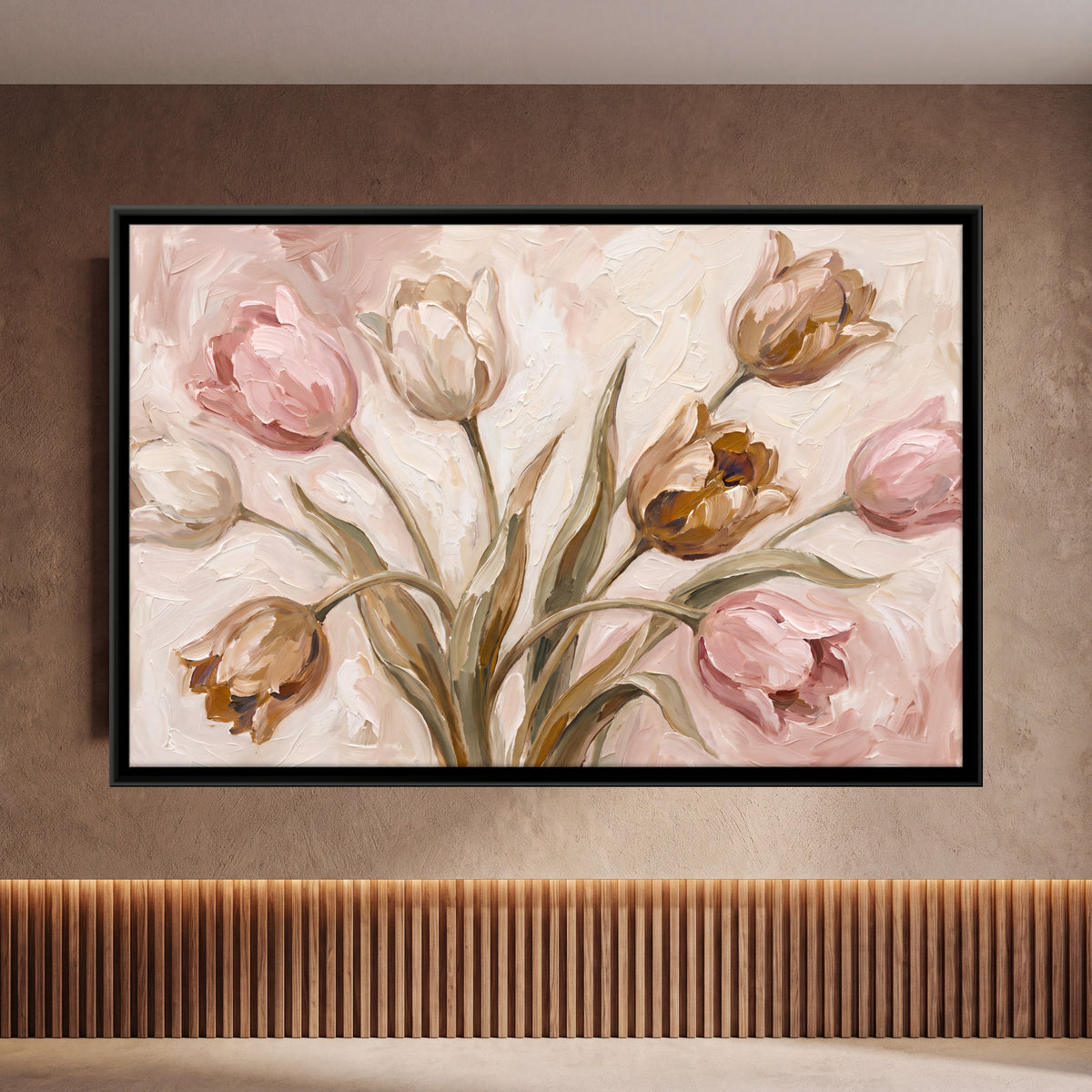 Pink and Cream Tulips - framed canvas art hung on a wall