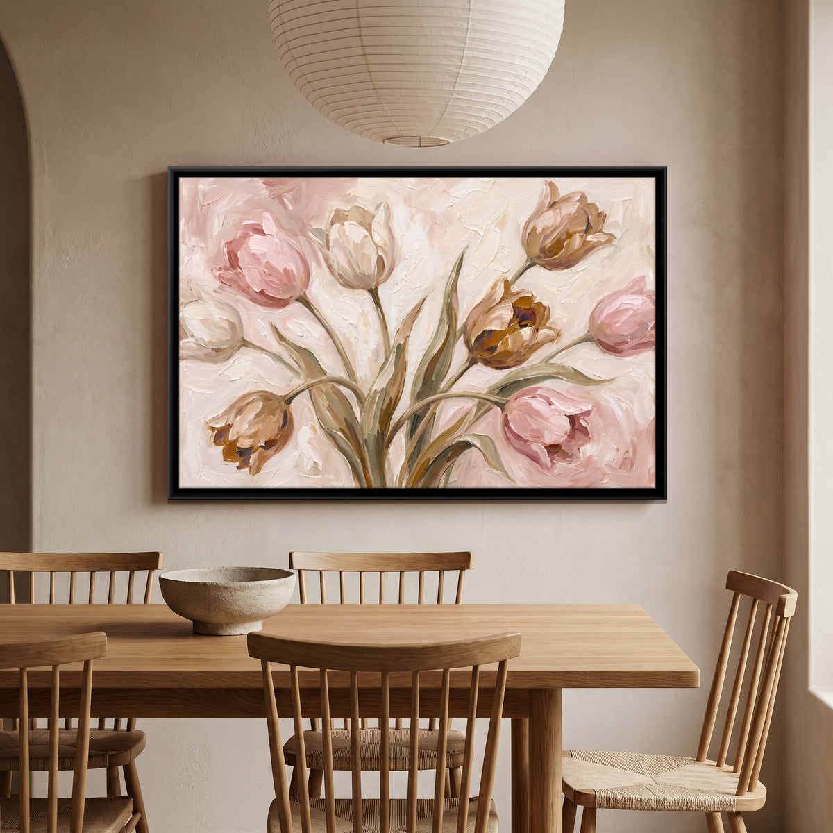 Pink and Cream Tulips - canvas art shown in a second room setting