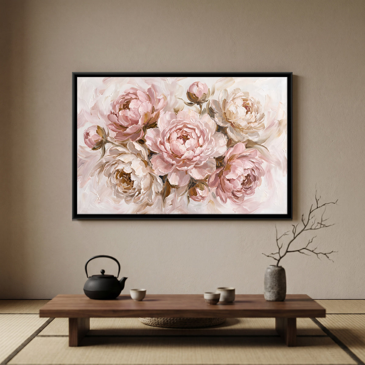 Blush Peonies - canvas art shown in a styled room