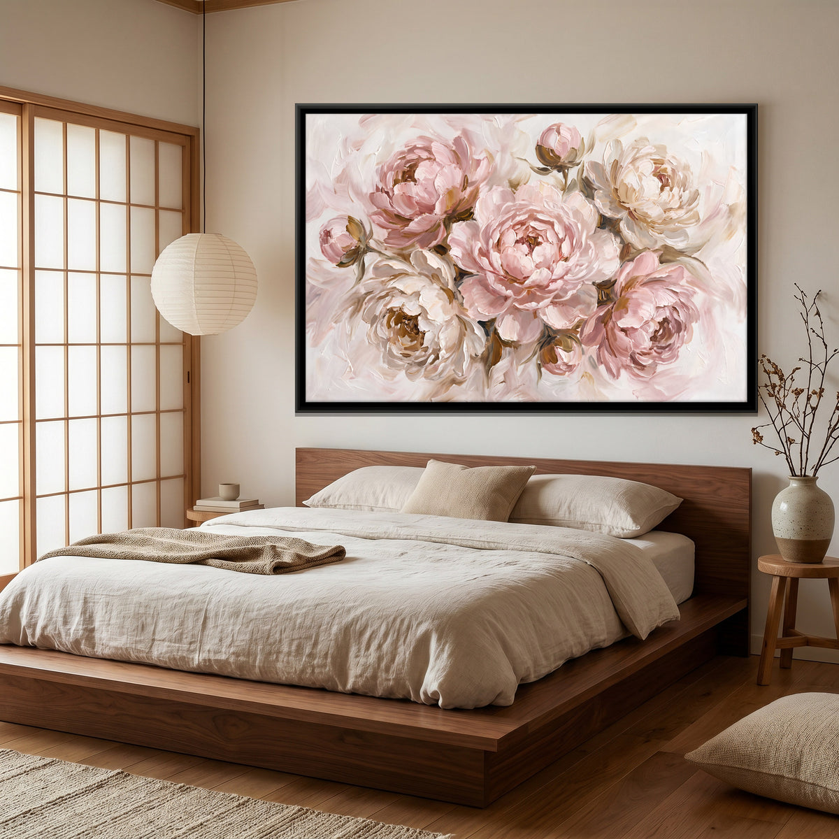 Blush Peonies - canvas art shown in a second room setting