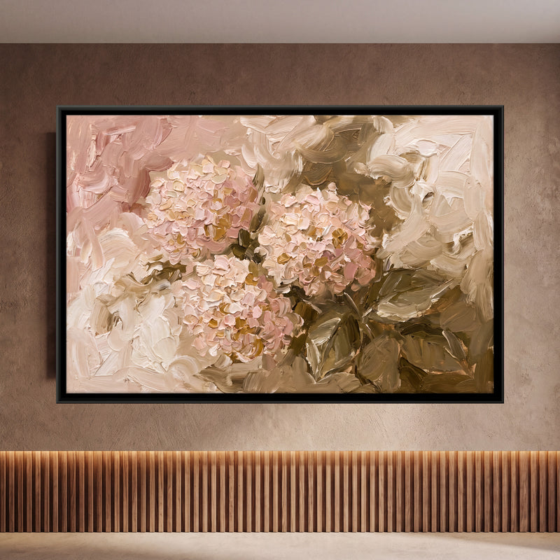 Pink Hydrangeas - framed canvas art hung on a wall