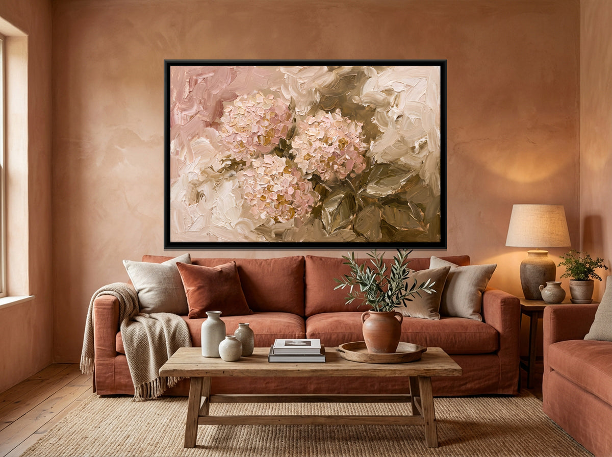 Pink Hydrangeas - canvas art shown in a styled room