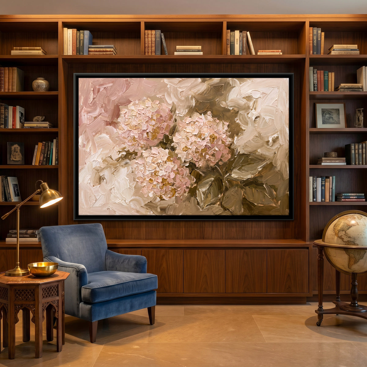 Pink Hydrangeas - canvas art shown in a second room setting