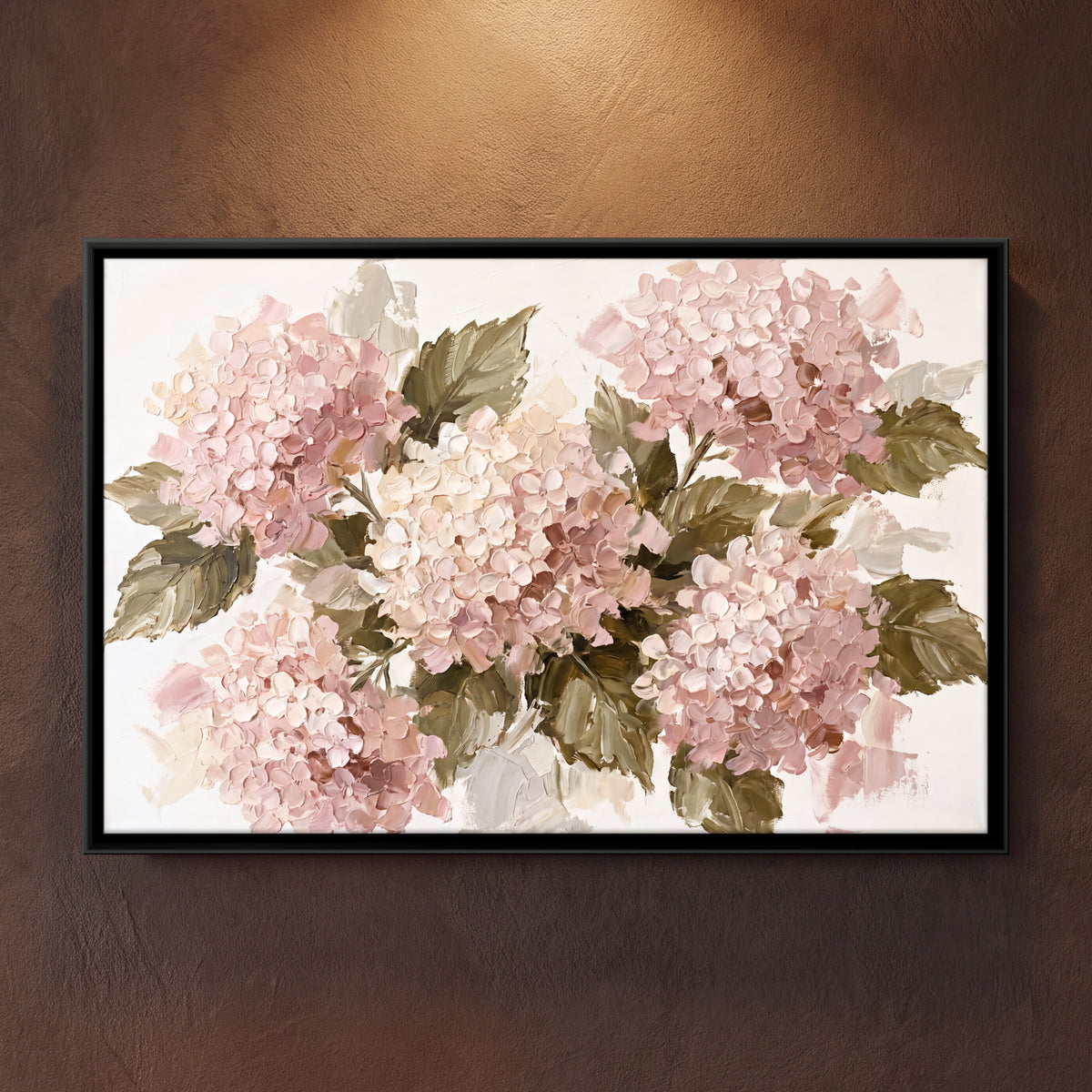 Pink Hydrangeas - framed canvas art hung on a wall