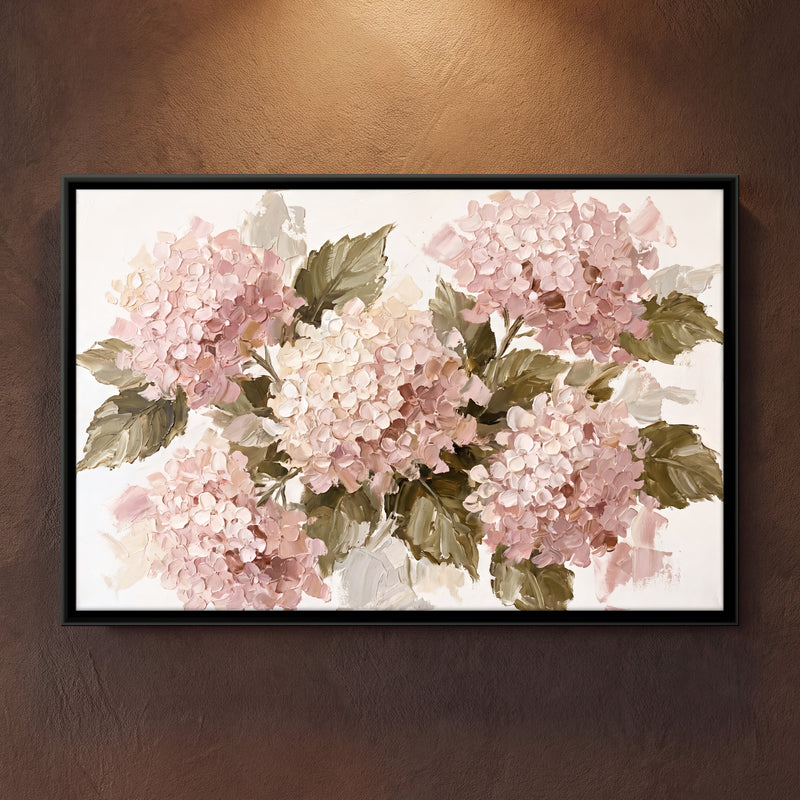 Pink Hydrangeas - framed canvas art hung on a wall