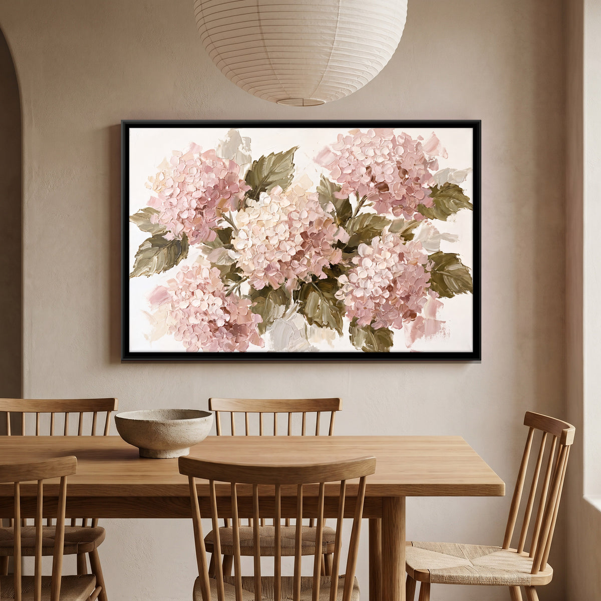 Pink Hydrangeas - canvas art shown in a second room setting