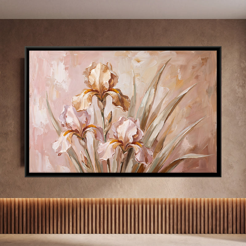 Blush Irises - framed canvas art hung on a wall