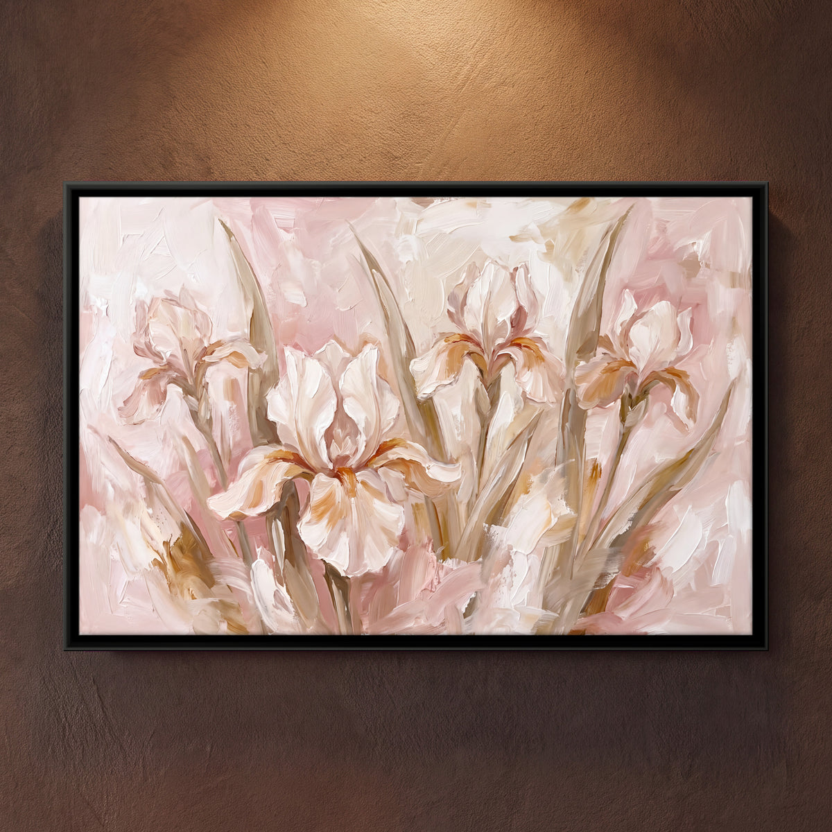 Blush Irises - framed canvas art hung on a wall