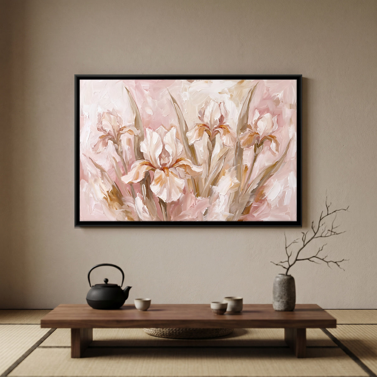 Blush Irises - canvas art shown in a second room setting