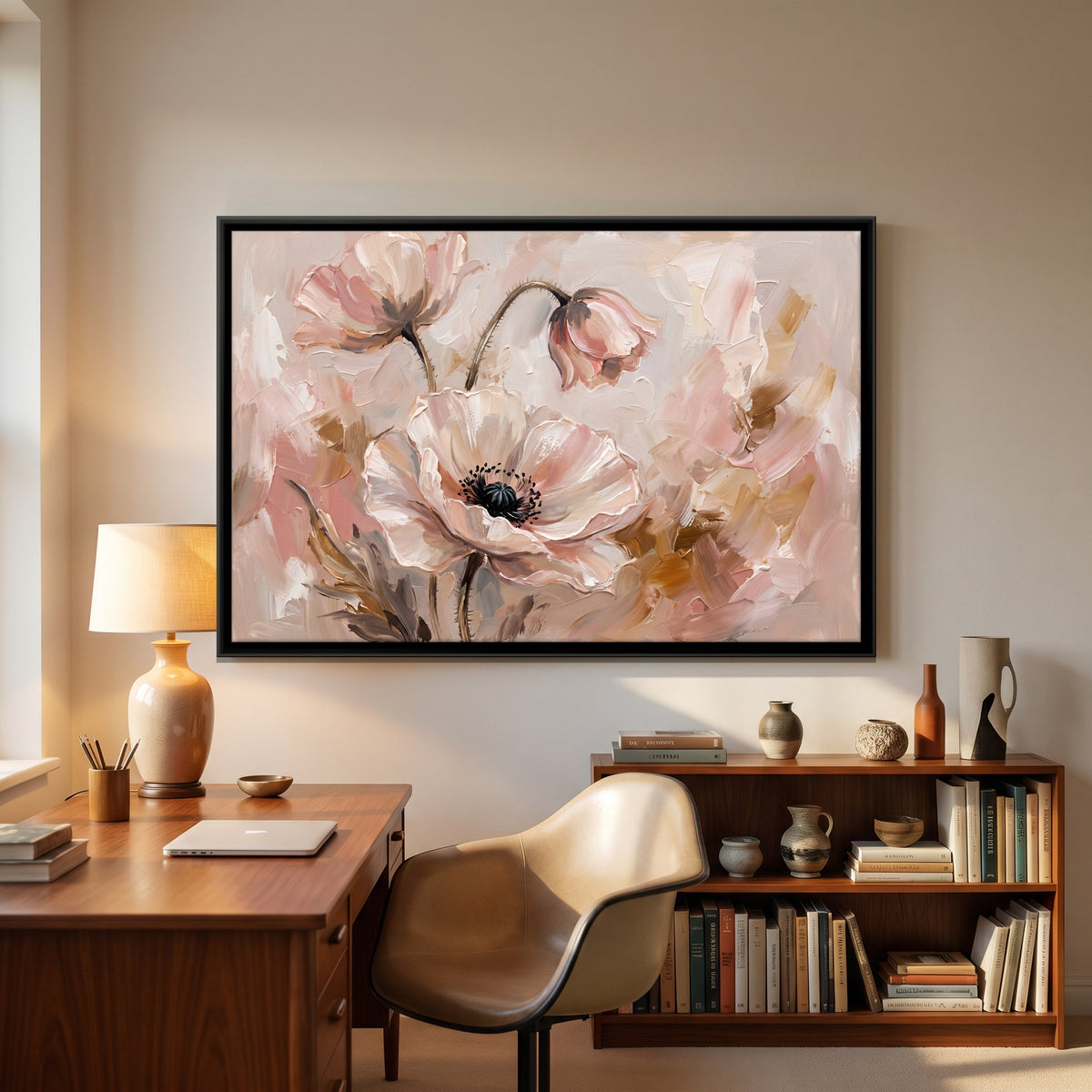 Single Blush Poppy - canvas art shown in a styled room