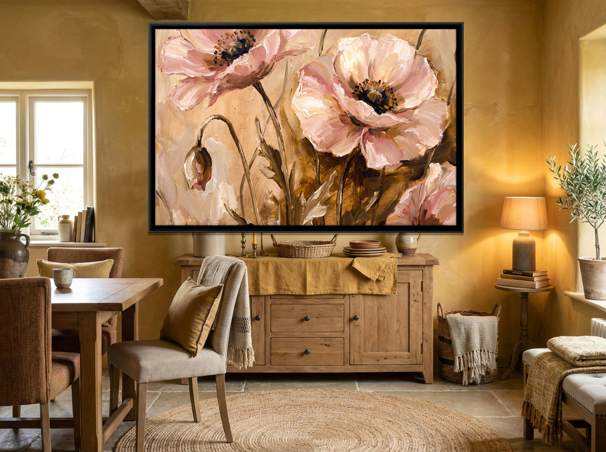 Blush Poppies - canvas art shown in a second room setting