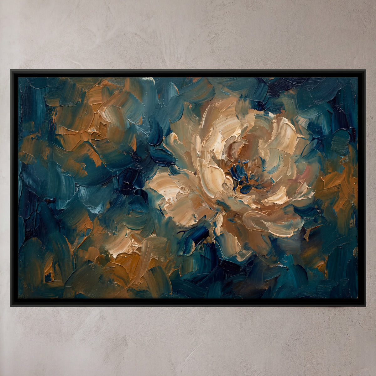 Cream Peonies on Teal - framed canvas art hung on a wall