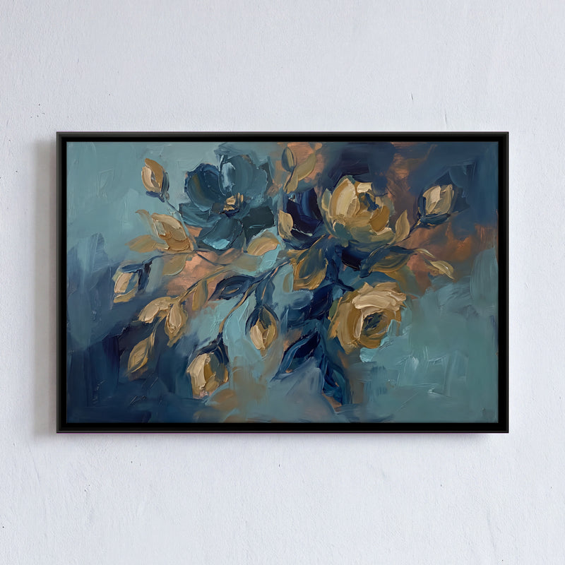 Gold and Teal Roses - framed canvas art hung on a wall