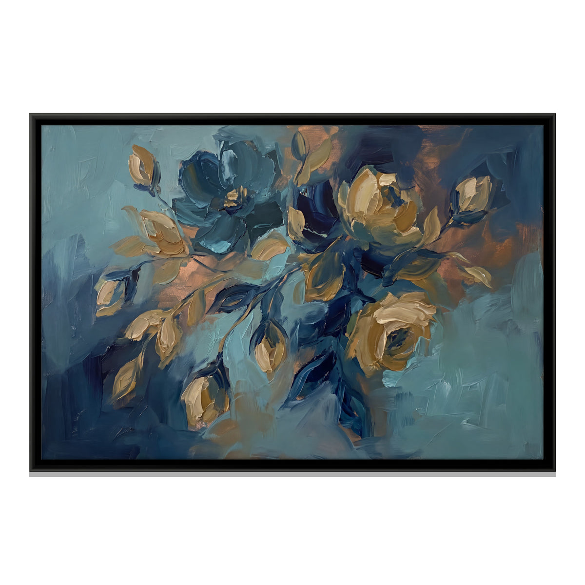Gold and Teal Roses - framed canvas print, front view