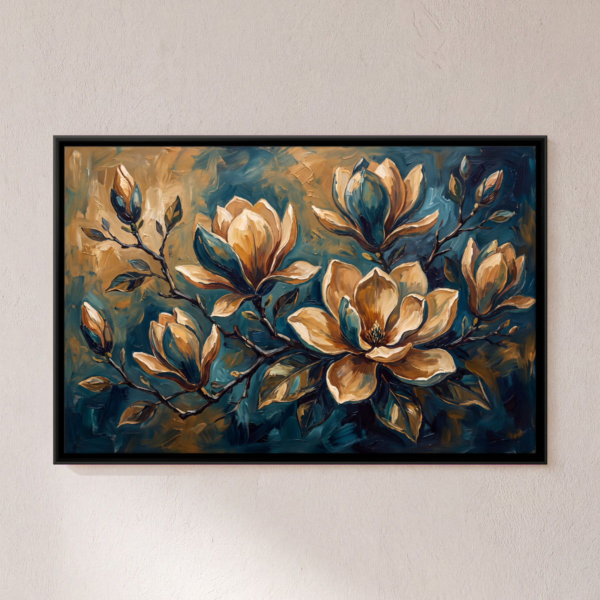 Golden Magnolias on Blue - framed canvas art hung on a wall