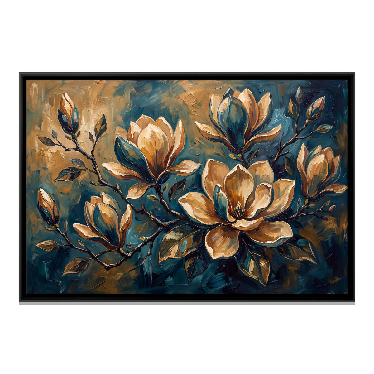 Golden Magnolias on Blue - framed canvas print, front view