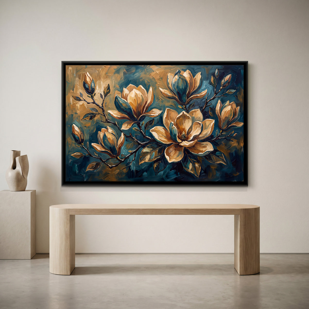 Golden Magnolias on Blue - canvas art shown in a second room setting